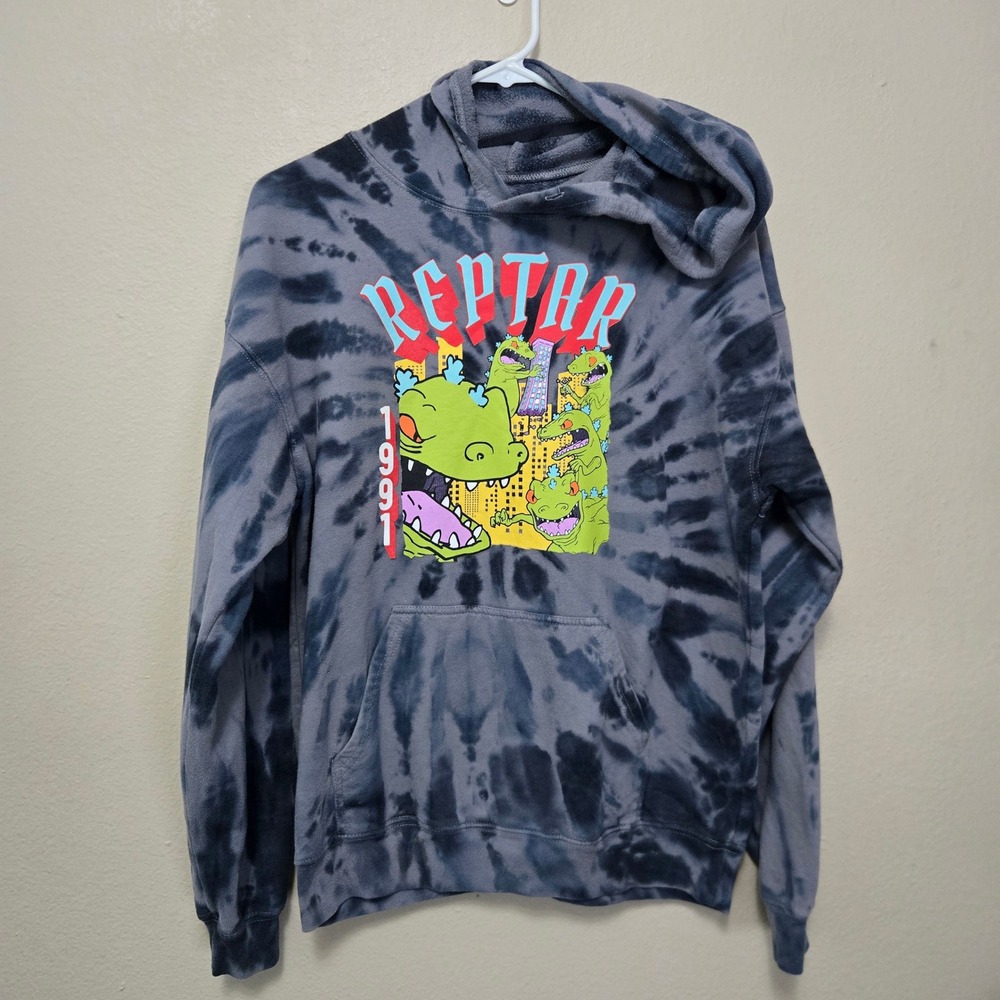 Vintage Rugrats Reptar 1991 Tie Dye Hoodie Grey Charcoal Graphic Sweatshirt